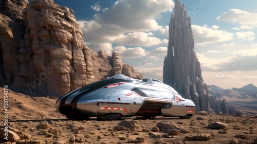 Futuristic silver spaceship parked in the desert. The sky is blue with white clouds. Large rock formations can be seen in the background.