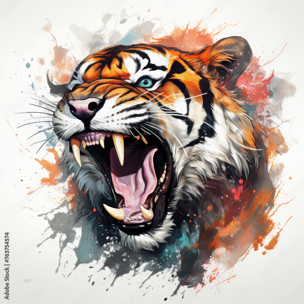 Fototapeta premium Watercolor Roaring Tiger Illustration, Generative Ai