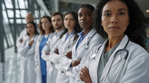 A motley group of doctors, all wearing lab coats and carrying stethoscopes, stand with their arms crossed.
