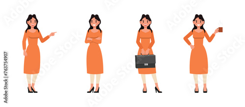 Set of Indian businesswoman wear orange dress character vector illustration design. Presentation in various action. People working in office planning, thinking and economic analysis.