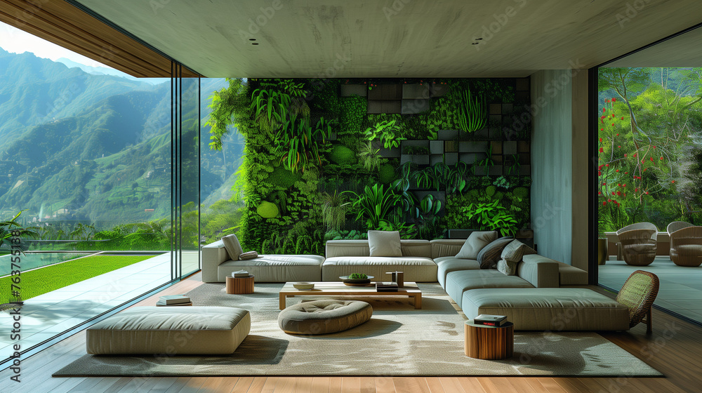 Fototapeta premium Modern Living Room with Vertical Garden and Mountain View