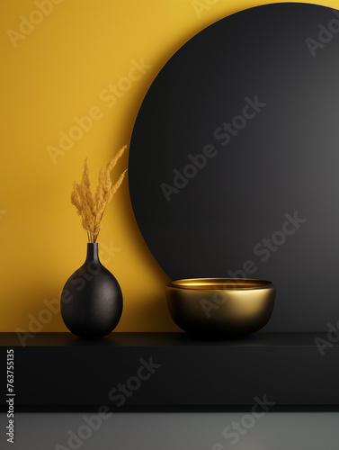 Black vase and gold bowl juxtaposed against a bold yellow wall