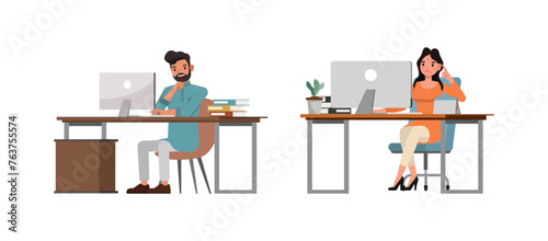 Set of Indian man and woman character vector design. Businessman and businesswoman thinking and working at office desk. Presentation in various action on isolated white background.