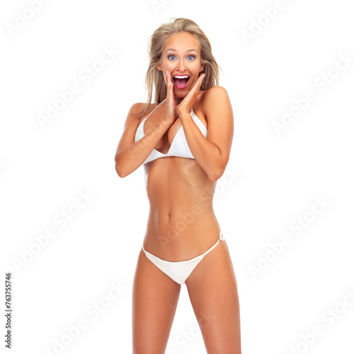 Woman, studio and surprised in swimsuit fashion, bikini or shocked female person with confidence in summer swimming clothes. Happy, positive or enthusiastic model, shout wow on white background © ArcursJointTeam/peopleimages.com