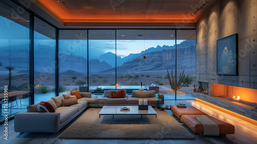 Modern Living Room with Floor-to-Ceiling Windows Overlooking Mountainous Desert Landscape