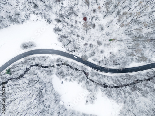 Road in a snowy forest