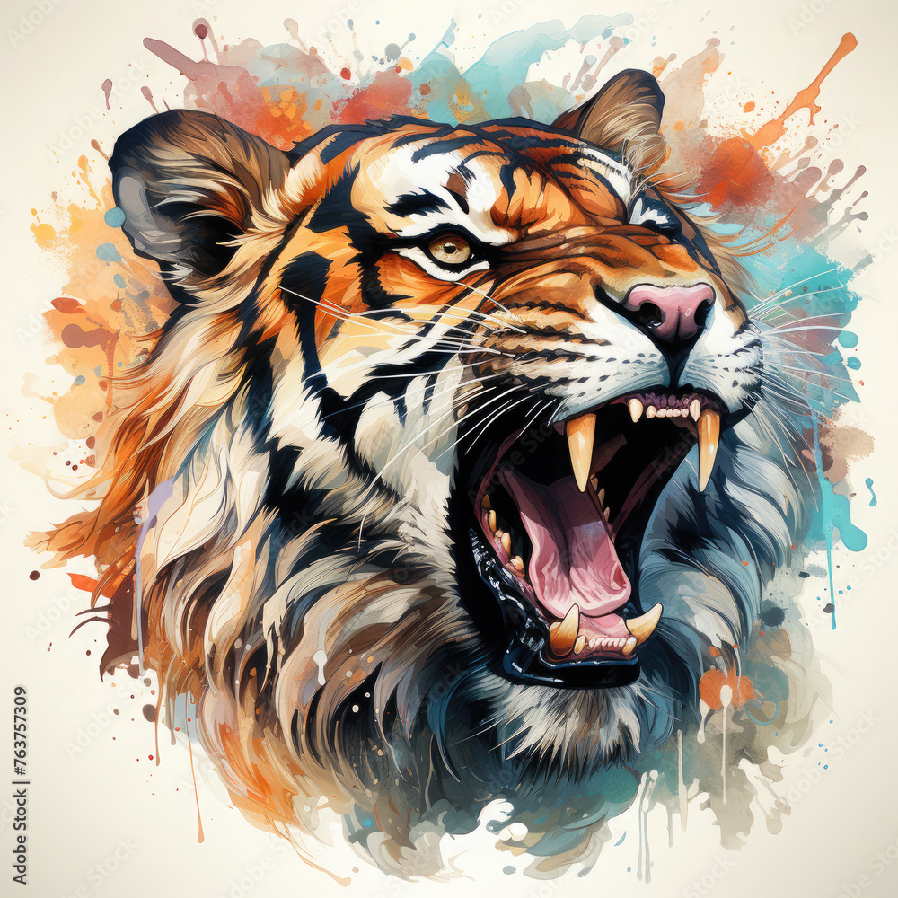 Watercolor Roaring Tiger Illustration, Generative Ai