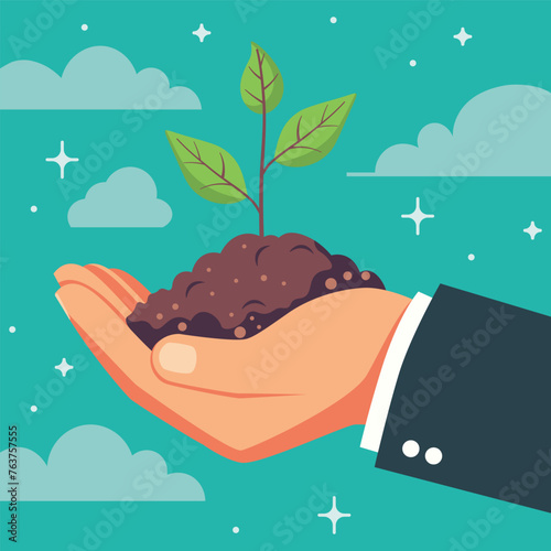 Businessman hand with sprout and soil. Human hand, businessman hand holds small green sprout in soil illustration.