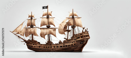  Handmade wooden Chinese junk boat model. An ancient Chinese sailing vessel designAncient pirate ship over white backgrouned generative by ai...