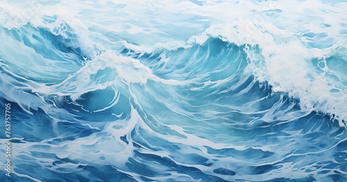 A beautifull photorealistic view of the sea surface, with waves breaking and splashing water © Frin