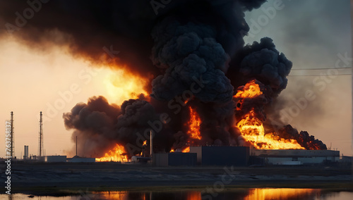 A Major fire at an Airport, Powerful explosion with black smoke clouds from a wide Perspective in bright sunlight, fuel