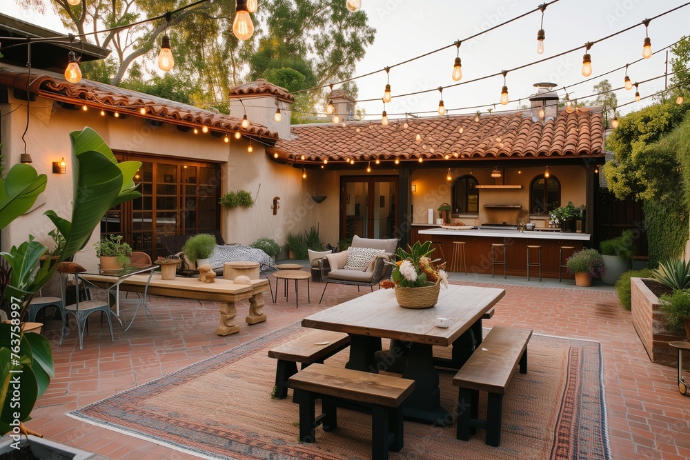 Obraz premium A Lima street food fiesta spills into the courtyard of a craftsman-style home