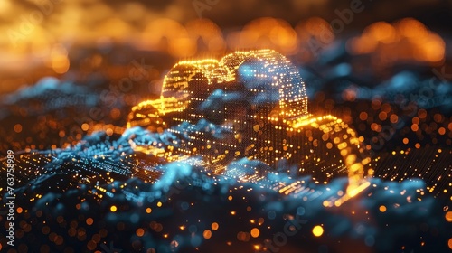 Digital informational technology web futuristic hologram with cloud icon  blue golden light digits and code background