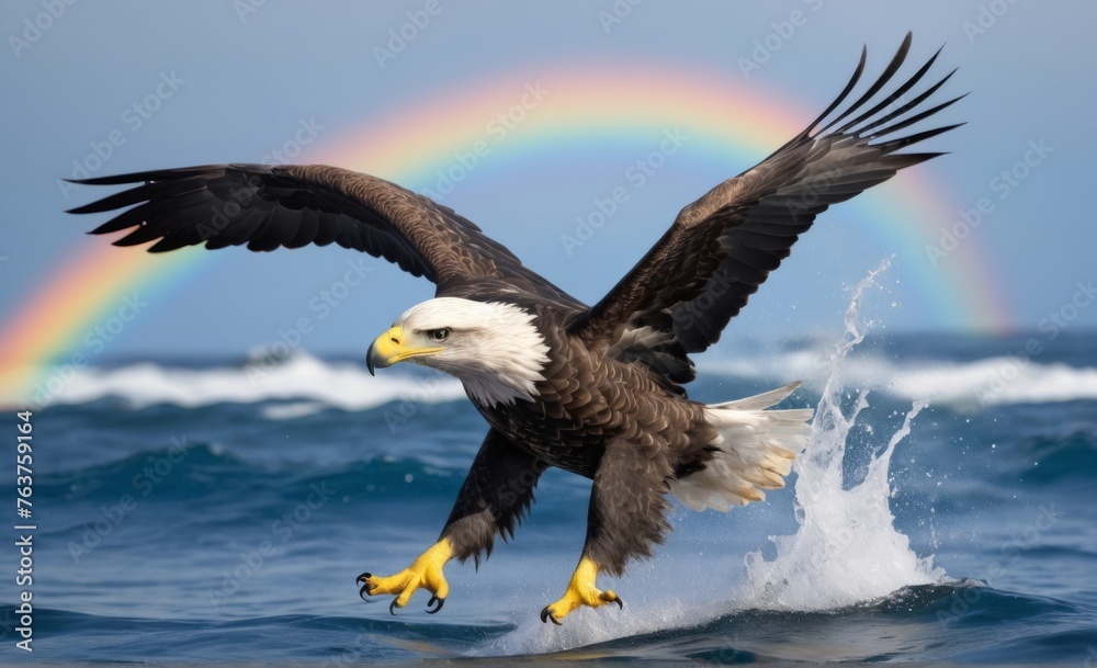 majestic humpback eagle breaching the ocean surface, creating a rainbow spray majestic humpback eagle breaching the ocean surface, creating a rainbow spray