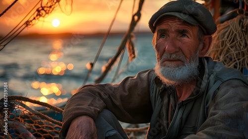 The drooping tired look of the old fisherman against the sunset symbolizes not only his physical fatigue, but also the emotional stress experienced in life.