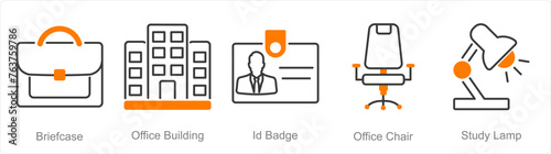 A set of 5 Office icons as briefcase, office building, id badge