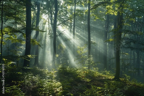  A serene forest at dawn comes alive with whispers of light  as sunbeams break through the canopy  casting a magical glow over the verdant understory. This tranquil scene invites a moment of reflectio