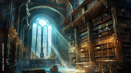 An ancient library filled with magical books, glowing orbs, and mystical artifacts. Shelves reach up to a high, vaulted ceiling, with soft light filtering through stained glass windows. Resplendent. © Summit Art Creations