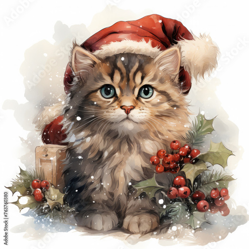 Watercolor Christmas Cat on Sled Illustration, Generative Ai