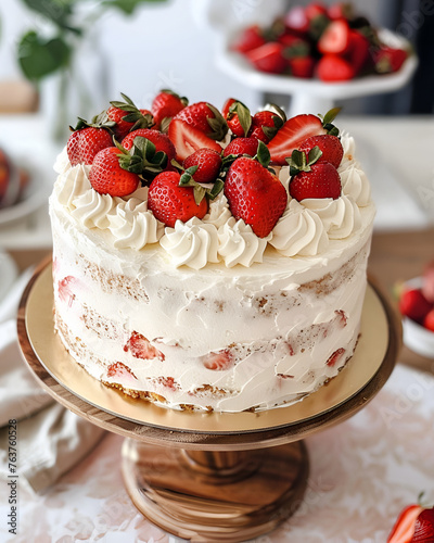Strawberry cheesecake, three layers of soft and fluffy vanilla cake and covered with cream cheese whipped cream frosting