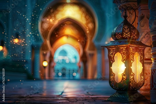 photo ramadan kareem eid mubarak royal elegant lamp with mosque entry holy gate and copy space - generative ai