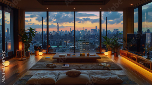 Modern Urban Apartment with Panoramic City View at Sunset © lin