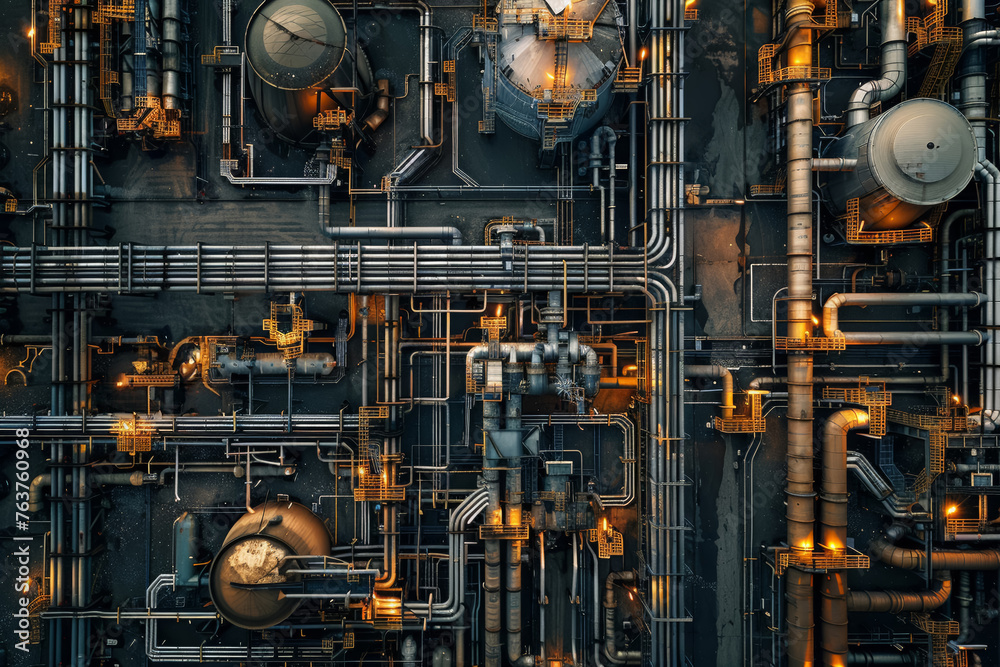 Intricate piping of a refinery, closeup, industrial complexity, detailed texture