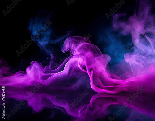 pink smoke and blue mist abstraction on reflecting ground and black background  