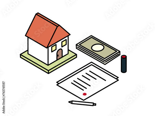 住宅ローン、賃貸契約、不動産投資の契約書のイラスト