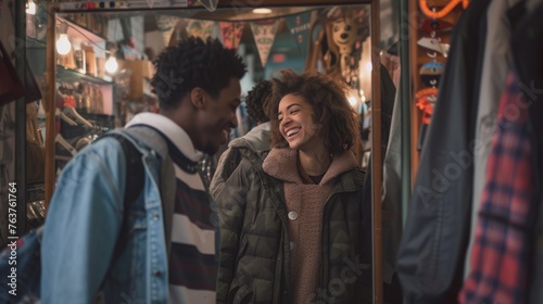 In the crowded city store, under the dim street lights, a man and a woman exchange smiles, creating an artful moment of connection. AIG41