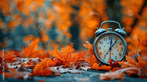 Daylight Saving Time. Alarm clock and orange color leaves on wooden table. Autumn time. Fall time change. Autumn leaves fall and winter approaches, the concept of daylight saving time