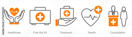 A set of 5 Pharmacy icons as health care, first aid kit, treatment
