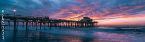 A pier is silhouetted against a colorful sky at sunset. Generative AI.