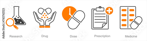 A set of 5 Pharmacy icons as research, drug, dose