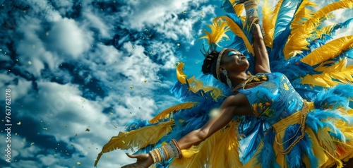 A woman in a blue and yellow costume dancing in the air. Generative AI.