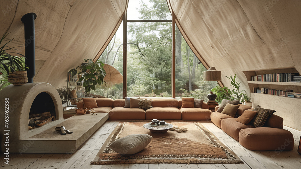 Fototapeta premium Cozy Modern Living Room with Forest View