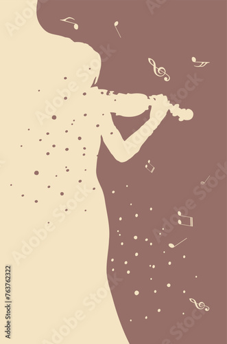 Female violin player and music notes, abstract minimalist poster design.