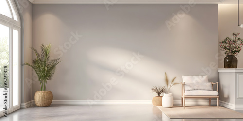 Wall Art Mockup, Interior Design, Living Room With Couch, Chair, and Potted Plants, Empty Wall photo