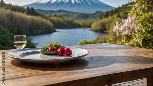 traditional dining table with views of the lake and Mount Fuji. AI generated photo