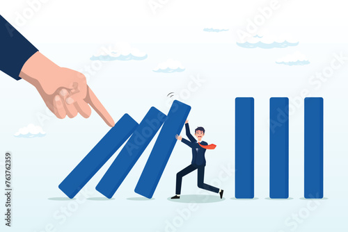Businessman stop risk of domino effect from threats and disaster, risk management, control danger, lost or damage from crisis or accident, management and investment strategy, assessment level (Vector)