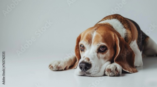 A beagle dog laying down on a white floor. Generative AI.