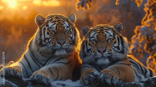 a couple of tigers at sunset
