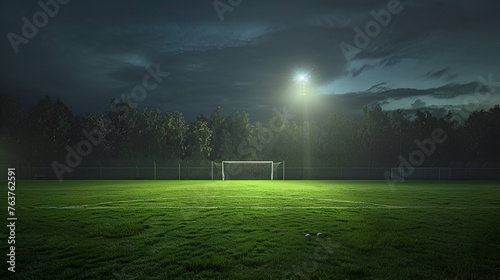 Soccer or football field at night with copy space Empty soccer field with floodlights at nightSprinklers On The Football Pitch At Night Shot On Smartphone Slow Motion, Generative Ai photo