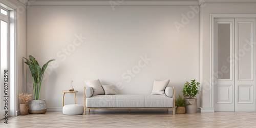 Wall Art Mockup, Interior Design, Living Room With Couch and Potted Plant, Empty Wall