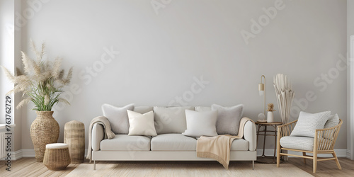 Wall Art Mockup, Interior Design, Contemporary Living Room With Couch, Chair, and Vase, Empty Wall