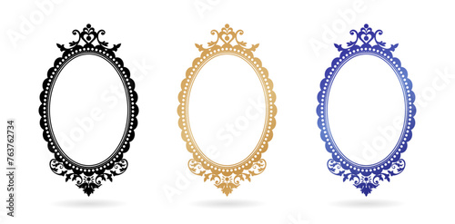 three set of vintage frame oval with ornate designs on a isolated white backgrounds for screen printing, paper craft printable designs, wedding invitation cover, stationery design material print paper