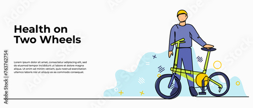 Vector illustration of young man standing holding a bicycle. Modern flat in continuous line style.