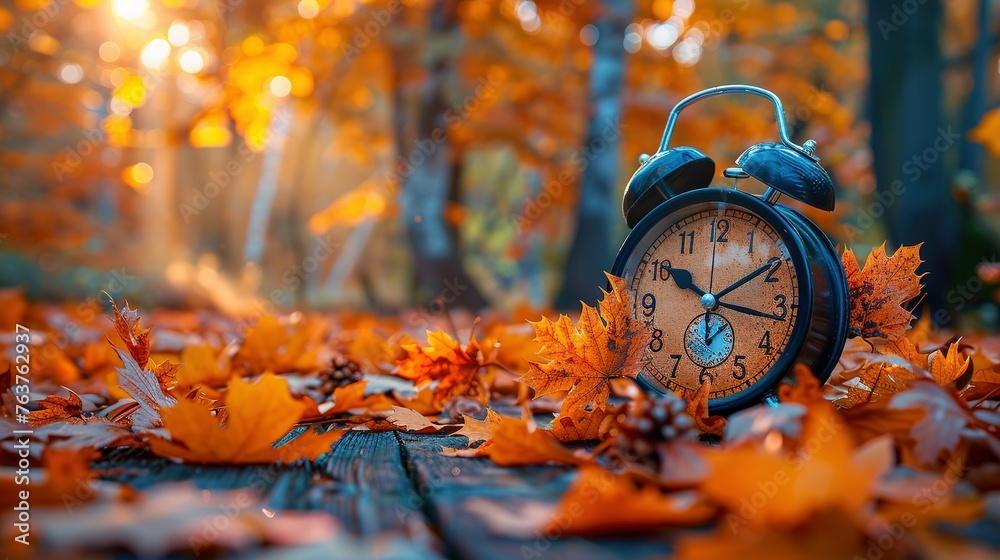 © Jennifer - Daylight Saving Time. Alarm clock and orange color leaves on wooden table. Autumn time. Fall time change. Autumn leaves fall and winter approaches, the concept of daylight saving time