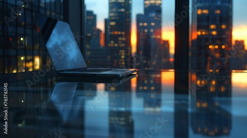Close-up of a glass desk in an ultra-modern home office, focusing on the minimalist design and the high-tech laptop it supports. In the reflection of the glass, the silhouette of towering skyscrapers.