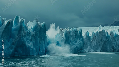 Icebergs in misty arctic waters.